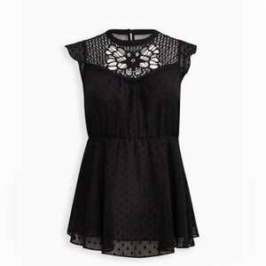New! Torrid Peplum Chiffon Clip Dot Crochet Trim Top. Size 2